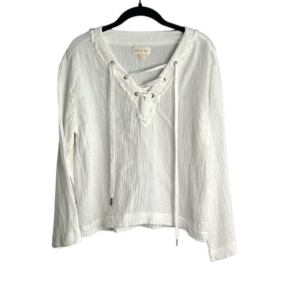 Cloth & Stone White Long Sleeve Cotton Top With Lace Up Detail Size Small - Picture 1 of 9